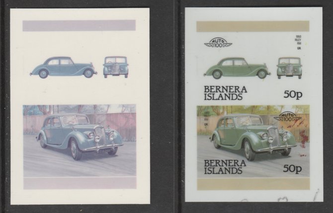 Bernera 1984 Cars - 1950 Riley RM 50p se-tenant die proof pairs in 1) magenta & blue and 2) full 4-colours each on plastic card (Cromalin) rare items ex Format Internatio..., stamps on xxx