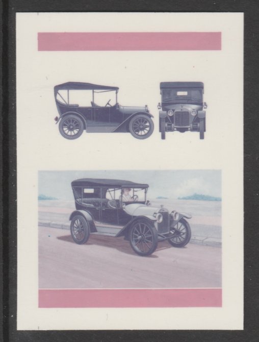 Bernera 1984 Cars - 1915 Chevrolet Baby Grand 75p se-tenant die proof pairs in 1) magenta & blue and 2) full 4-colours each on plastic card (Cromalin) rare items ex Forma..., stamps on 