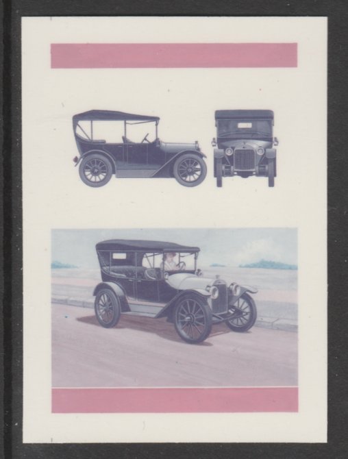 Bernera 1984 Cars - 1915 Chevrolet Baby Grand 75p se-tenant die proof pairs in 1) magenta & blue and 2) full 4-colours each on plastic card (Cromalin) rare items ex Format International archives, stamps on , stamps on  stamps on bernera 1984 cars - 1915 chevrolet baby grand 75p se-tenant die proof pairs in 1) magenta & blue and 2) full 4-colours each on plastic card (cromalin) rare items ex format international archives