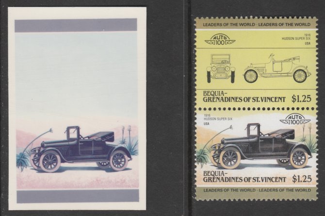 St Vincent - Bequia 1985 Cars #3 Hudson Super Six $1.25 - Cromalin se-tenant die proof pair in red and blue only (missing Country name, inscription & value) ex Format Int..., stamps on cars    hudson