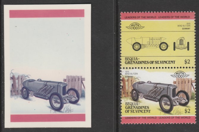 St Vincent - Bequia 1985 Cars #3 Benz-Blitzen $2 - Cromalin se-tenant die proof pair in red and blue only (missing Country name, inscription & value) ex Format International archives complete with issued stamp, stamps on , stamps on  stamps on cars       benz blitzen    
