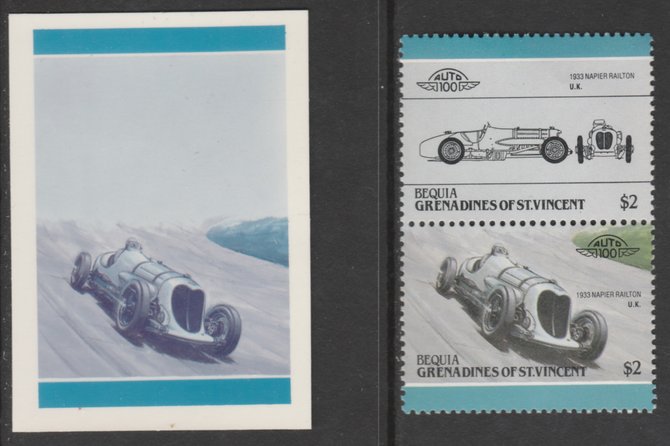 St Vincent - Bequia 1985 Cars #4 1933 Napier Railton $2 - Cromalin se-tenant die proof pair in red and blue only (missing Country name, inscription & value) ex Format International archives complete with issued stamp, stamps on , stamps on  stamps on cars     napier