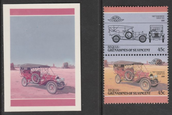 St Vincent - Bequia 1985 Cars #4 1907 Chadwick 45c - Cromalin se-tenant die proof pair in red and blue only (missing Country name, inscription & value) ex Format International archives complete with issued stamp, stamps on , stamps on  stamps on cars        chadwick     
