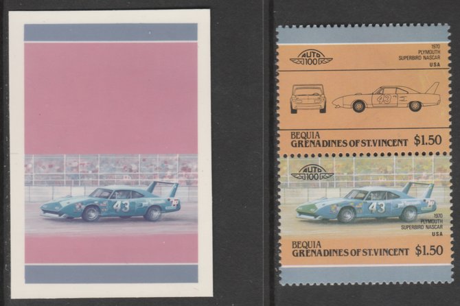 St Vincent - Bequia 1985 Cars #4 Plymouth Superbird Nascar $1.50 - Cromalin se-tenant die proof pair in red and blue only (missing Country name, inscription & value) ex F..., stamps on cars     plymouth