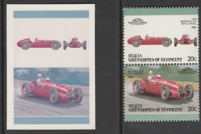 St Vincent - Bequia 1987 Cars #7 1939 Maserati 20c - Cromalin se-tenant die proof pair in red and blue only (missing Country name, inscription & value) ex Format International archives complete with issued stamp, stamps on , stamps on  stamps on cars    racing cars       maserati     