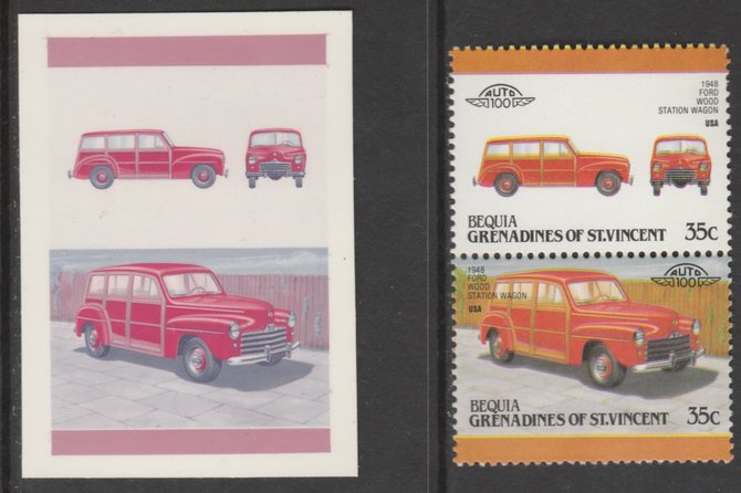 St Vincent - Bequia 1987 Cars #7 1948 Ford Station Wagon 35c - Cromalin se-tenant die proof pair in red and blue only (missing Country name, inscription & value) ex Format International archives complete with issued stamp, stamps on , stamps on  stamps on cars       ford