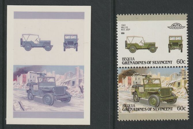 St Vincent - Bequia 1987 Cars #7 1942 Willys Jeep 60c - Cromalin se-tenant die proof pair in red and blue only (missing Country name, inscription & value) ex Format International archives complete with issued stamp, stamps on , stamps on  stamps on cars       willys jeep      militaria