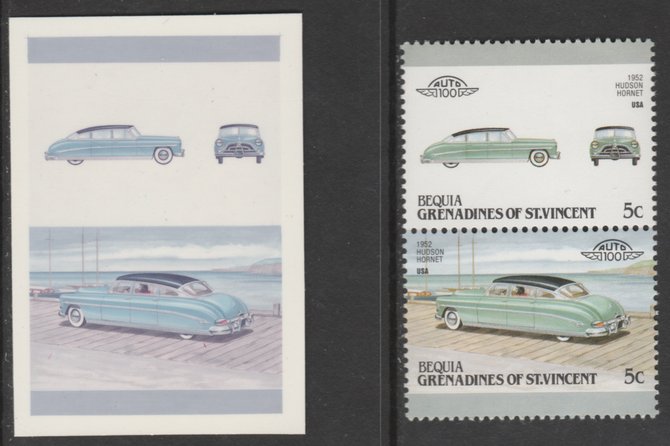 St Vincent - Bequia 1987 Cars #7 1952 Hudson Hornet 5c - Cromalin se-tenant die proof pair in red and blue only (missing Country name, inscription & value) ex Format Inte..., stamps on cars       hudson