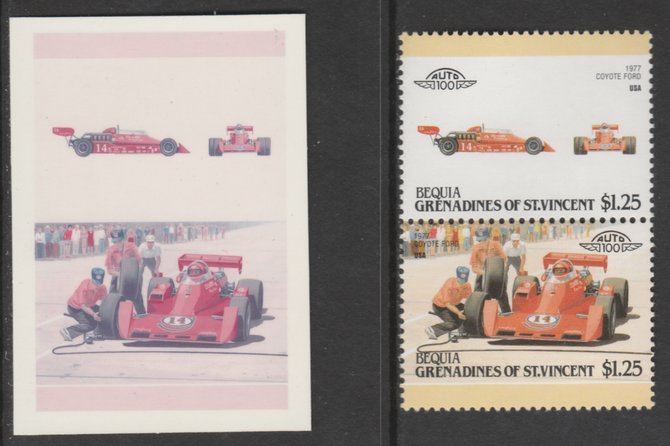 St Vincent - Bequia 1987 Cars #7 Coyote Ford $1.25 - Cromalin se-tenant die proof pair in red and blue only (missing Country name, inscription & value) ex Format International archives complete with issued stamp, stamps on , stamps on  stamps on cars    racing cars       coyote ford