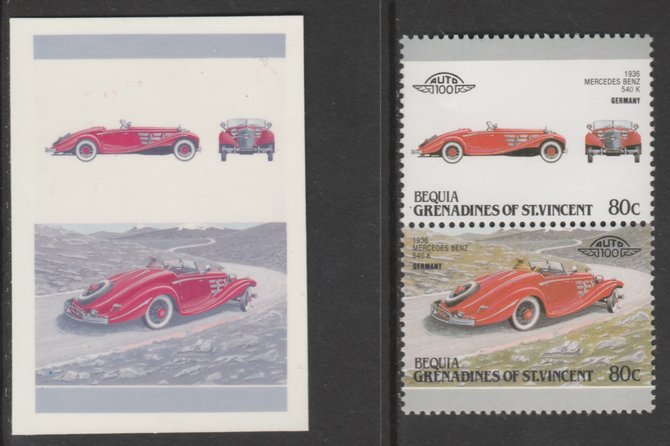 St Vincent - Bequia 1987 Cars #7 1936 Mercedes Benz 80c - Cromalin se-tenant die proof pair in red and blue only (missing Country name, inscription & value) ex Format International archives complete with issued stamp, stamps on cars       mercedes benz