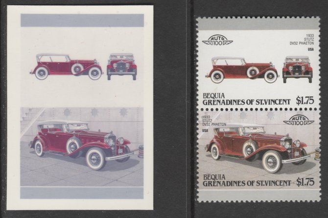St Vincent - Bequia 1987 Cars #7 1933 Stutz Phaeton $1.75 - Cromalin se-tenant die proof pair in red and blue only (missing Country name, inscription & value) ex Format International archives complete with issued stamp, stamps on , stamps on  stamps on cars       stutz