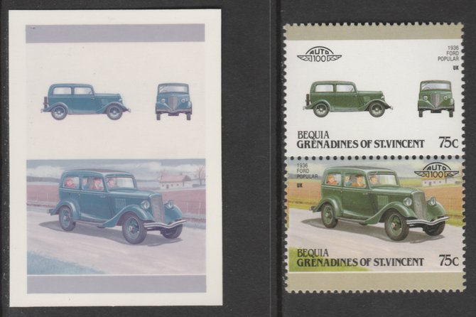 St Vincent - Bequia 1987 Cars #7 1936 Ford Popular 75c - Cromalin se-tenant die proof pair in red and blue only (missing Country name, inscription & value) ex Format International archives complete with issued stamp, stamps on , stamps on  stamps on cars       ford