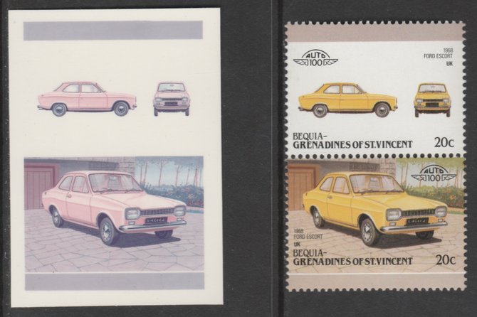 St Vincent - Bequia 1986 Cars #6 1968 Ford Escort 20c - Cromalin se-tenant die proof pair in red and blue only (missing Country name, inscription & value) ex Format International archives complete with issued stamp, stamps on , stamps on  stamps on cars       ford