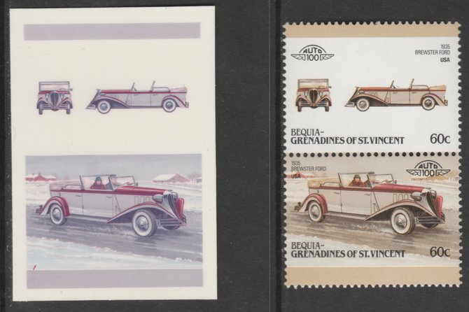 St Vincent - Bequia 1986 Cars #6 1935 Brewster Ford 60c - Cromalin se-tenant die proof pair in red and blue only (missing Country name, inscription & value) ex Format International archives complete with issued stamp, stamps on , stamps on  stamps on cars       brewster ford