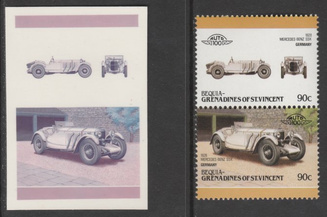 St Vincent - Bequia 1986 Cars #6 1928 Mercedes Benz 90c - Cromalin se-tenant die proof pair in red and blue only (missing Country name, inscription & value) ex Format International archives complete with issued stamp, stamps on , stamps on  stamps on cars       mercedes benz