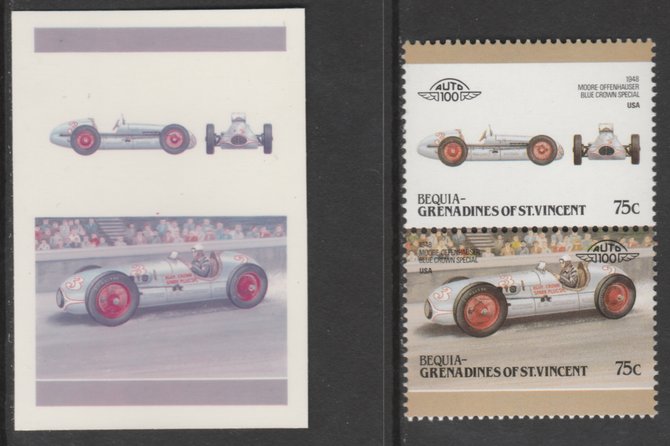 St Vincent - Bequia 1986 Cars #6 1948 Moore-Offenhauser Special 75c - Cromalin se-tenant die proof pair in red and blue only (missing Country name, inscription & value) ex Format International archives complete with issued stamp, stamps on , stamps on  stamps on cars       moore offenhauser