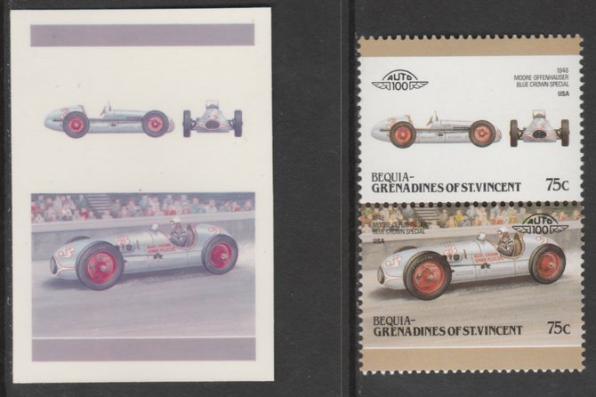 St Vincent - Bequia 1986 Cars #6 1948 Moore-Offenhauser Special 75c - Cromalin se-tenant die proof pair in red and blue only (missing Country name, inscription & value) ex Format International archives complete with issued stamp, stamps on , stamps on stamps on cars moore offenhauser