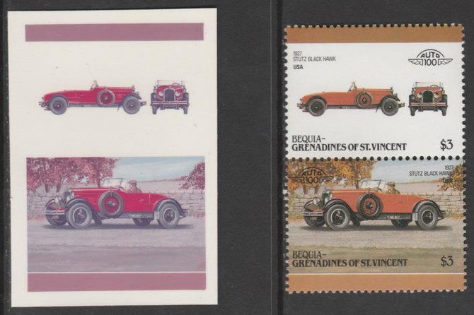 St Vincent - Bequia 1986 Cars #6 1927 Stutz $3 - Cromalin se-tenant die proof pair in red and blue only (missing Country name, inscription & value) ex Format Internationa..., stamps on cars       stutz