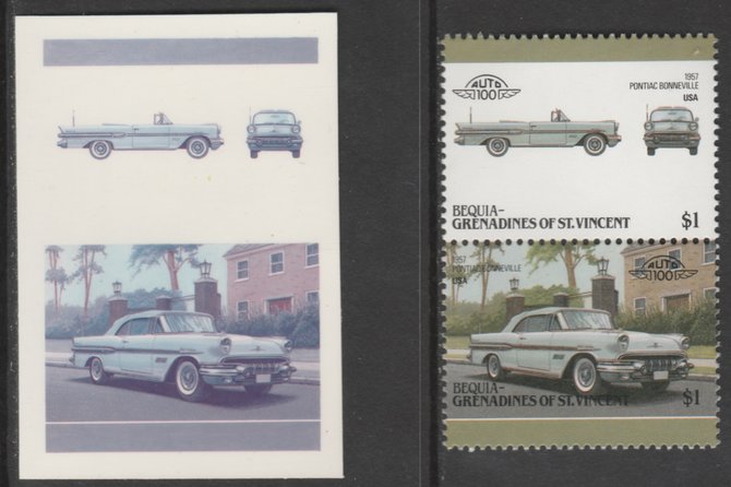 St Vincent - Bequia 1986 Cars #6 1957 Pontiac $1 - Cromalin se-tenant die proof pair in red and blue only (missing Country name, inscription & value) ex Format International archives complete with issued stamp, stamps on , stamps on  stamps on cars       pontiac