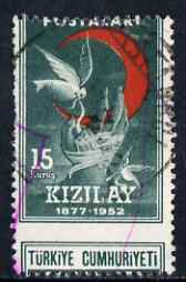 Turkey 1952 Red Crescent 15k used single with misplaced perfs, stamps on red cross, stamps on red crescent, stamps on birds