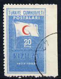 Turkey 1952 Red Crescent 20k used single imperf between stamp & margin, stamps on , stamps on  stamps on red cross, stamps on  stamps on red crescent