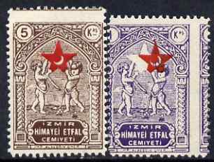 Turkey 1933 Red Crescent Postal Tax 1k & 5k mint singles with misplaced perfs, stamps on red cross, stamps on red crescent