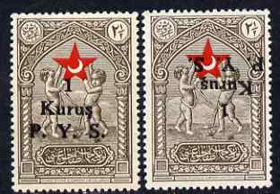 Turkey 1938 Red Crescent Postal Tax 1k on 2.5k unmounted mint single with opt inverted (unlisted by SG) plus single with superb off-set on back as normal.