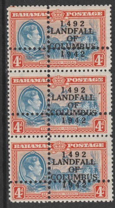 Bahamas 1942 KG6 Landfall of Columbus 4d blue & orange (Sea Garden) unmounted mint vert strip of 3 with perforations doubled (stamps are quartered) Note: the stamps are genuine but the additional perfs are a slightly different gauge identifying it to be a forgery., stamps on , stamps on  stamps on , stamps on  stamps on  kg6 , stamps on  stamps on varieties, stamps on  stamps on columbus, stamps on  stamps on explorers, stamps on  stamps on marine life