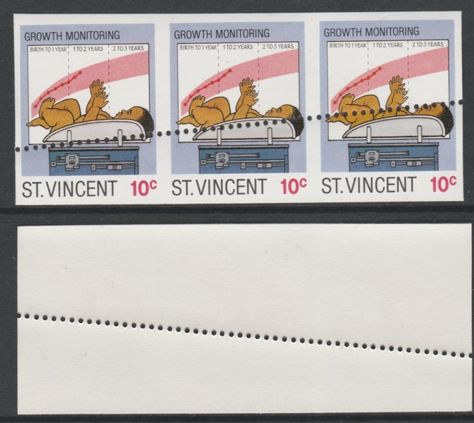 St Vincent 1987 Child Health 10c (as SG 1049) unmounted mint imperf strip of 3 with stray horizontal row of perfs applied obliquely, stamps on children   medical