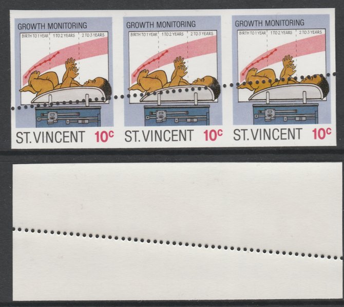 St Vincent 1987 Child Health 10c (as SG 1049) unmounted mint imperf strip of 3 with stray horizontal row of perfs applied obliquely, stamps on , stamps on  stamps on children   medical