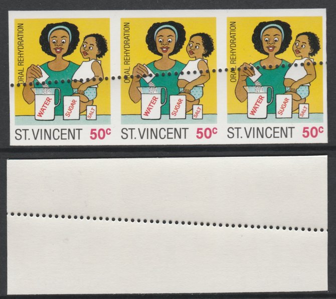 St Vincent 1987 Child Health 50c (as SG 1050) unmounted mint imperf strip of 3 with stray horizontal row of perfs applied obliquely, stamps on children   medical