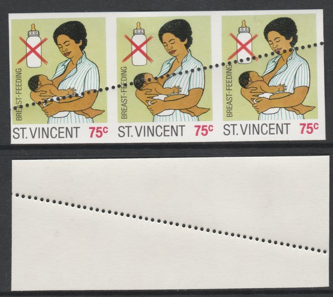 St Vincent 1987 Child Health 75c (as SG 1051) unmounted mint imperf strip of 3 with stray horizontal row of perfs applied obliquely, stamps on , stamps on  stamps on children   medical