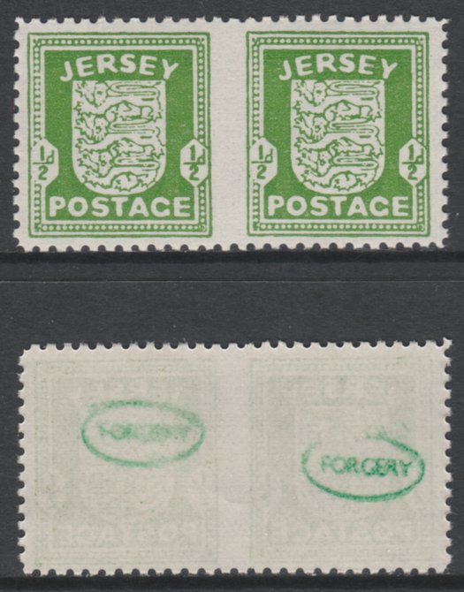 Jersey 1941-43 Arms 1/2d green horizontal pair imperf between unmounted mint as SG1b. Note the stamps are probable reprints but the perforations are the wrong gauge identifying the item as a forgery and has been so marked on the gummed side (original imperf between cat £800), stamps on , stamps on  ww2 , stamps on 