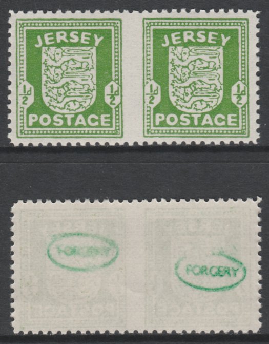 Jersey 1941-43 Arms 1/2d green horizontal pair imperf between unmounted mint as SG1b. Note the stamps are probable reprints but the perforations are the wrong gauge identifying the item as a forgery and has been so marked on the gummed side (original imperf between cat Â£800), stamps on , stamps on  stamps on , stamps on  stamps on  ww2 , stamps on  stamps on 