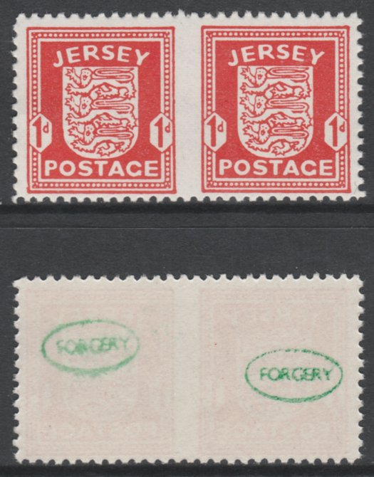 Jersey 1941-43 Arms 1d scarlet horizontal pair imperf between unmounted mint as SG2b. Note the stamps are probable reprints but the perforations are the wrong gauge identifying the item as a forgery and has been so marked on the gummed side (original imperf between cat £800), stamps on , stamps on  ww2 , stamps on 