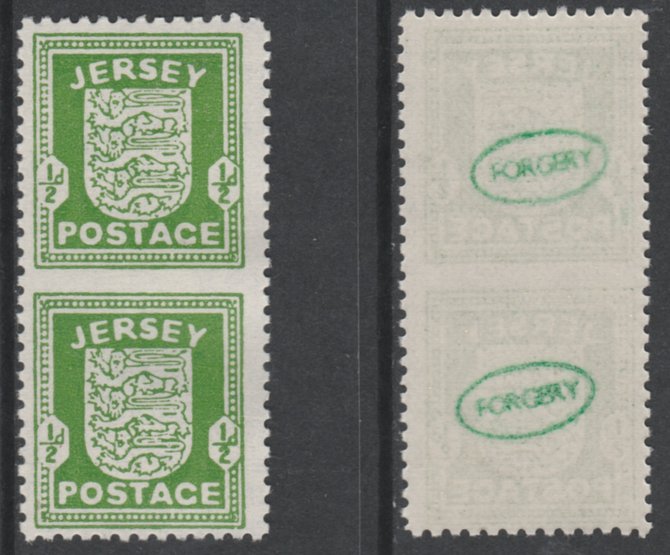 Jersey 1941-43 Arms 1/2d green vertical pair imperf between unmounted mint as SG1a. Note the stamps are probable reprints but the perforations are the wrong gauge identifying the item as a forgery and has been so marked on the gummed side (original imperf between cat Â£900), stamps on , stamps on  ww2 , stamps on 