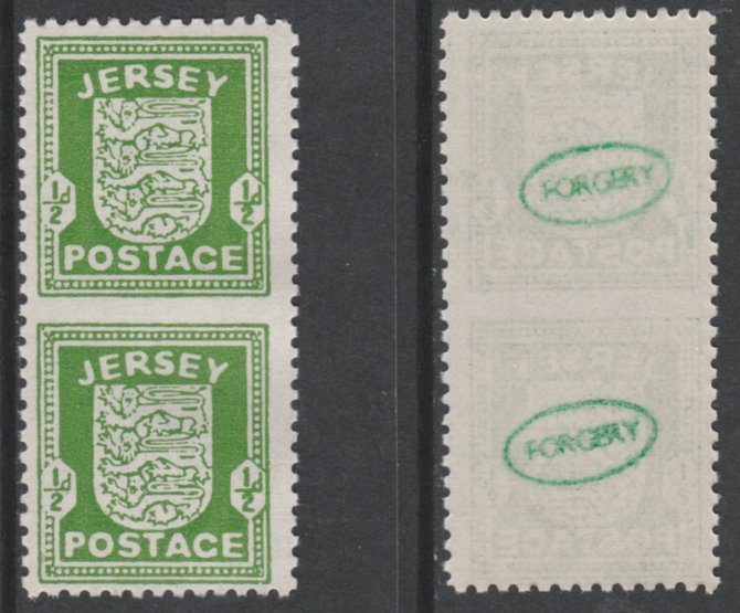 Jersey 1941-43 Arms 1/2d green vertical pair imperf between unmounted mint as SG1a. Note the stamps are probable reprints but the perforations are the wrong gauge identifying the item as a forgery and has been so marked on the gummed side (original imperf between cat £900), stamps on , stamps on  ww2 , stamps on 