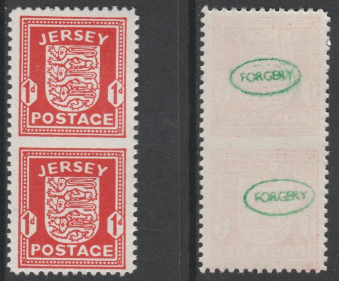 Jersey 1941-43 Arms 1d scarlet vertical pair imperf between unmounted mint as SG2a. Note the stamps are probable reprints but the perforations are the wrong gauge identifying the item as a forgery and has been so marked on the gummed side (original imperf between cat £900), stamps on , stamps on  ww2 , stamps on 