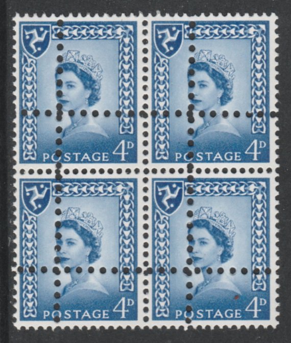 Isle of Man 1967 Regional 4d ultramarine (2 phos bands) block of 4 with perforations doubled (stamps are quartered) an attractive and interesting modern forgery, unmounted mint, SG3pvar. Note: the stamps are genuine but the additional perfs are a slightly different gauge identifying it to be a forgery., stamps on , stamps on  stamps on isle of man 1967 regional 4d ultramarine (2 phos bands) block of 4 with perforations doubled (stamps are quartered) an attractive and interesting modern forgery, stamps on  stamps on  unmounted mint, stamps on  stamps on  sg3pvar. note: the stamps are genuine but the additional perfs are a slightly different gauge identifying it to be a forgery.