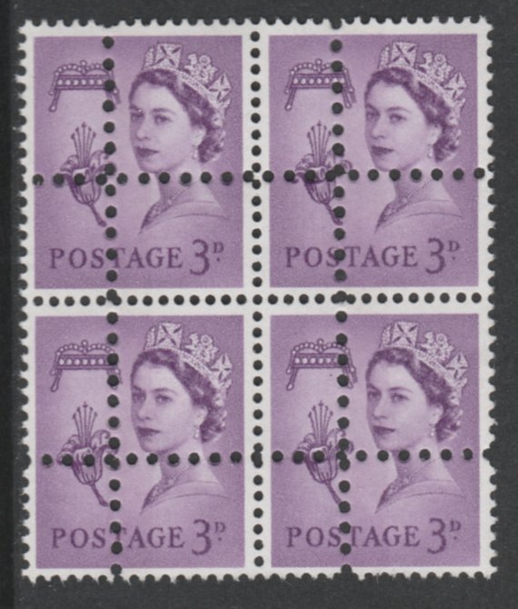 Jersey 1967 Regional 3d deep lilac (centre phos band) block of 4 with perforations doubled (stamps are quartered) an attractive and interesting modern forgery, unmounted mint, SG10pvar. Note: the stamps are genuine but the additional perfs are a slightly different gauge identifying it to be a forgery., stamps on 