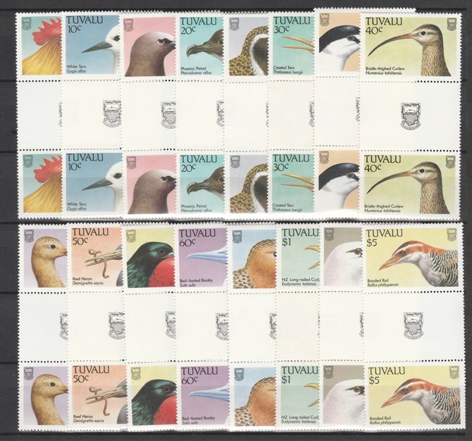 Tuvalu 1988 Birds definitive set of 16 values complete in unmounted mint gutter pairs, SG 502-17 , attractive and unusual, stamps on birds, stamps on jungle fowl, stamps on tern, stamps on noddy, stamps on petrel, stamps on plover, stamps on curlew, stamps on godwit, stamps on heron, stamps on frigate, stamps on booby, stamps on sandpiper, stamps on cuckoo, stamps on tropic, stamps on rail