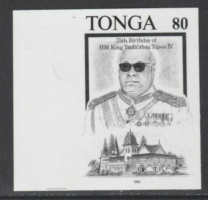 Tonga 1993 King & Royal Palace 80p (from 75th Birthday set) B&W photographic Proof as SG 1248