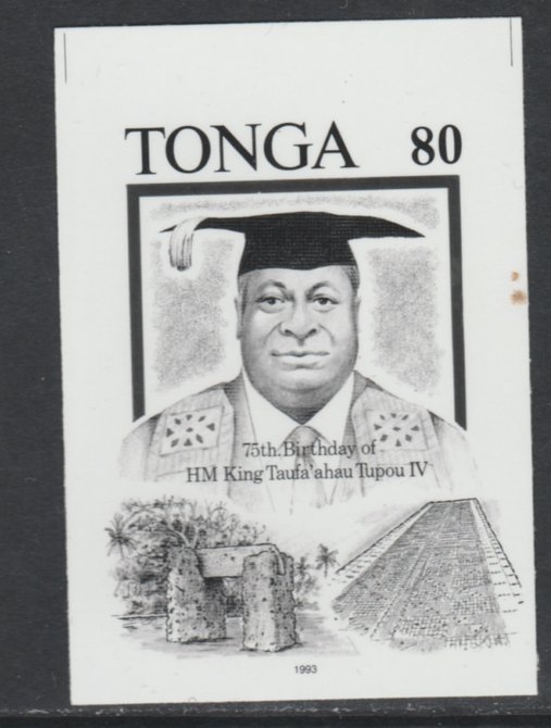 Tonga 1993 King & Ancient Landmarks 80p (from 75th Birthday set) B&W photographic Proof as SG 1247, stamps on , stamps on  stamps on tonga 1993 king & ancient landmarks 80p (from 75th birthday set) b&w photographic proof as sg 1247