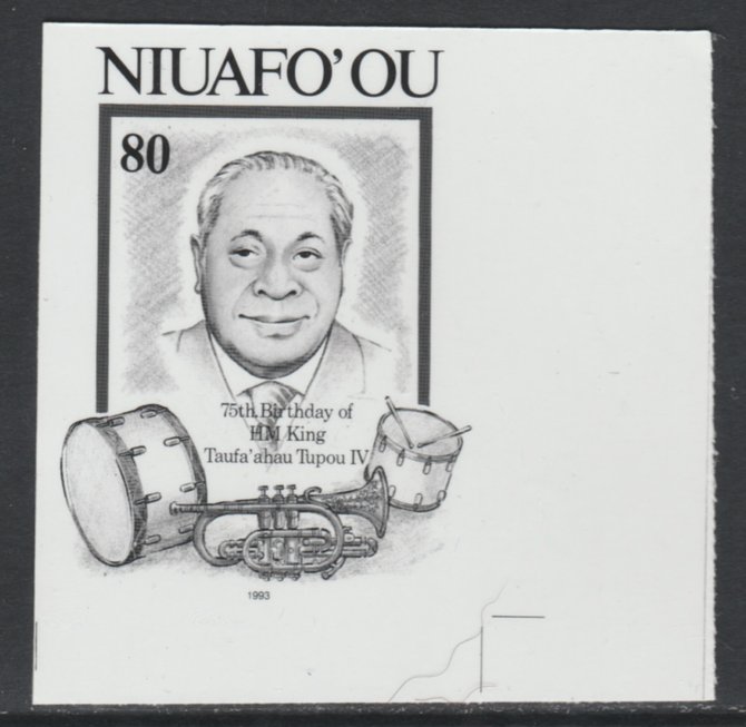 Tonga - Niuafo'ou 1993 King & Musical Instruments 80p (from 75th Birthday set) B&W photographic Proof as SG 191, stamps on 