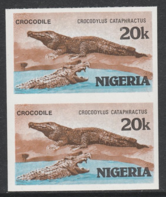 Nigeria 1986 Crocodile 20k in unmounted mint imperf pair SG 510var, stamps on animals    reptiles