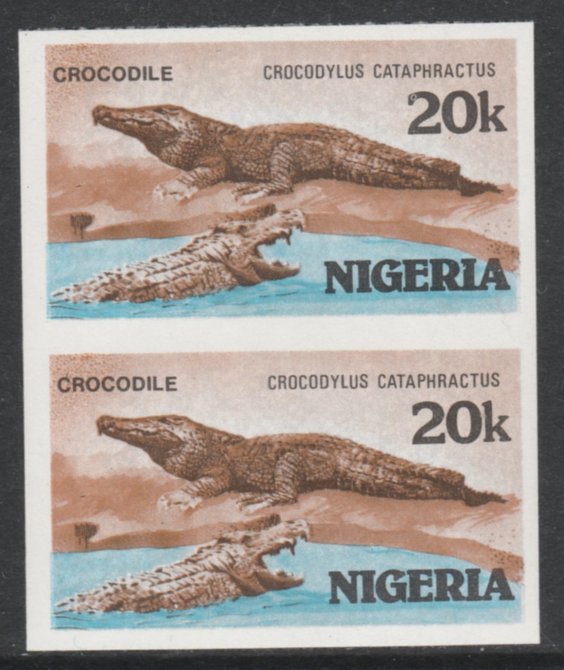 Nigeria 1986 Crocodile 20k in unmounted mint imperf pair SG 510var, stamps on , stamps on  stamps on animals    reptiles