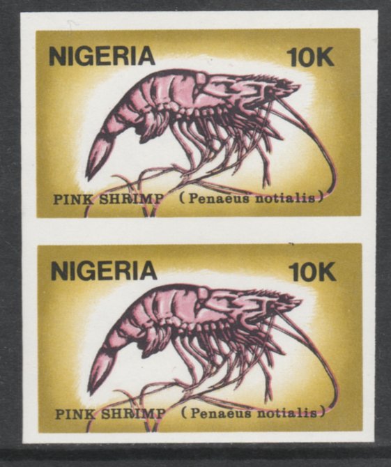 Nigeria 1988 Shrimps 10k Pink Shrimp imperf pair unmounted mint SG 560var, stamps on food   marine-life