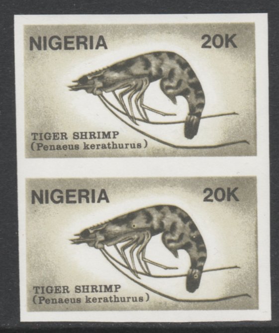 Nigeria 1988 Shrimps 20k Tiger Shrimp imperf pair unmounted mint SG 561var, stamps on , stamps on  stamps on food   marine-life