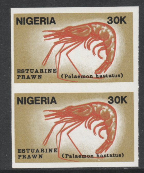 Nigeria 1988 Shrimps 30k Estuarine Prawn imperf pair unmounted mint SG 563var, stamps on , stamps on  stamps on food   marine-life