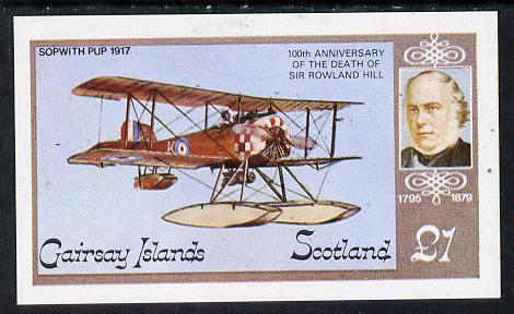 Gairsay 1979 Sopwith Pup (Rowland Hill) imperf souvenir sheet (£1 value) unmounted mint, stamps on aviation  postal   personalities     rowland hill